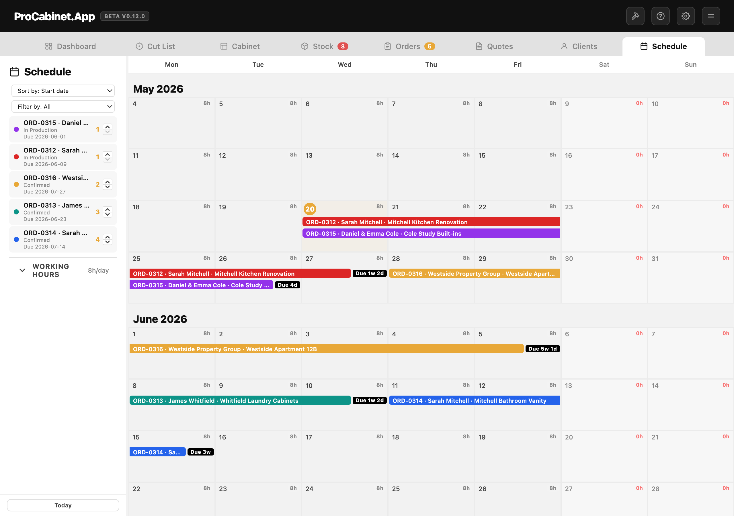 Production schedule calendar