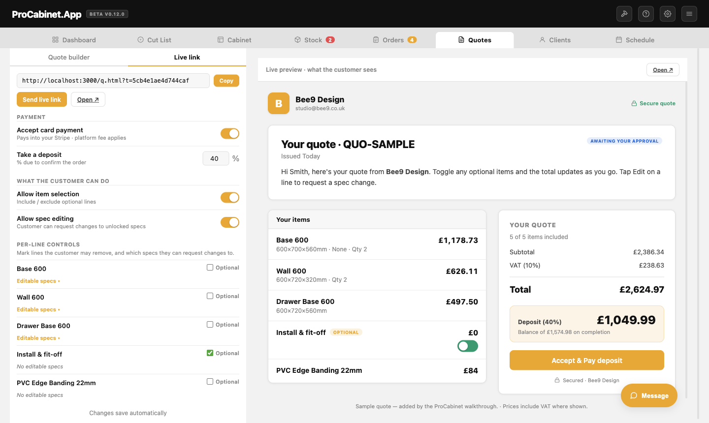 The Live link panel open in the quote editor — payment, deposit and per-line controls beside a live preview of the customer page