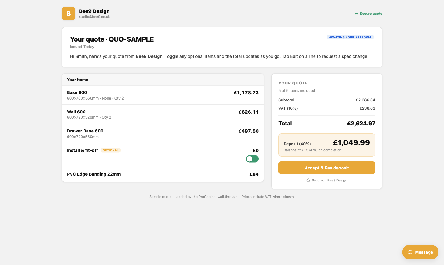 The customer's live quote page — ticking optional items in or out and paying a deposit