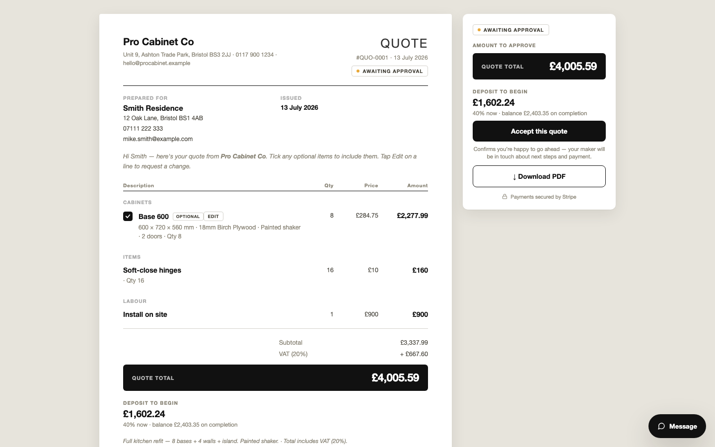The customer's live quote page — ticking optional items in or out and paying a deposit